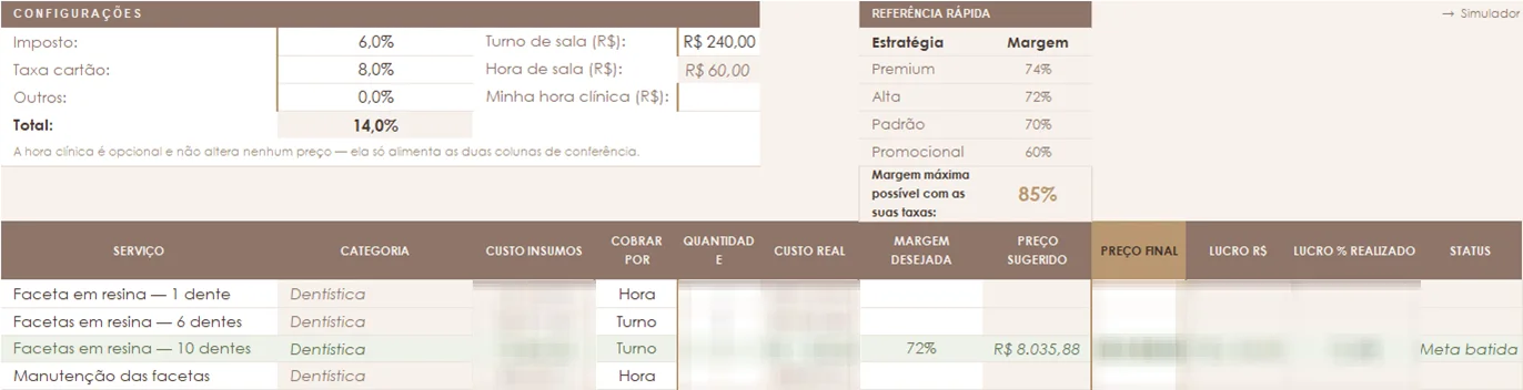 Cálculos de custo e preço sugerido na planilha